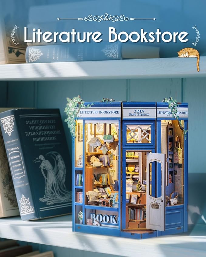 Cutefun Book Nook Kit - DIY Miniature Dollhouse Kit 3D Creative Decorative Bookend 3D Wooden Puzzle for Adults, Bookshelf Insert Library Decor with LED Light (Literature Bookstore)