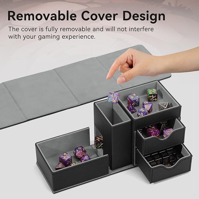 Dice Tray & Dice Tower Storage Box, 3 in 1 Dice Holder Case (Dice Rolling Tray, Dice Rolling Tower, Dice Storage Drawers), Leather Magnetic Closure DND Accessories Gifts for RPG MTG, Black/Grey