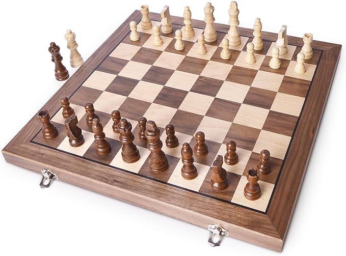 AMEROUS 15 Inches Magnetic Wooden Chess Set with 2 Extra Queens/Folding Board/Chess Pieces Storage Slots/Instructions, Portable Travel Chess Game for Beginner/Classic Board Game