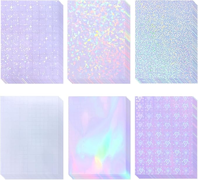 36 Sheets Holographic Laminate Sheets Transparent Holographic Sticker Paper Self Adhesive Laminating Sheets Clear Vinyl Waterproof Overlay for Sticker Pape, 8.5x11 inch 6 Patterns