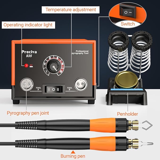 Preciva 935 Dual Handle Wood Burning Kit - Professional Pyrography Tool with 20 Wire Nibs & Pen Holder | Adjustable Temp 482~1382℉ | for Wood Burning, Leather Craft, Art Designs