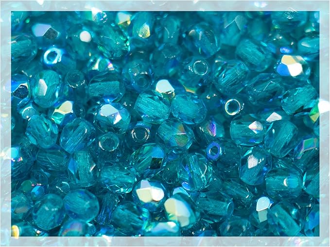 1.8oz (50g, Approx. 600 Beads) Faceted Fire Polished Pressed Czech Glass Beads 4mm (0.16in), Aqua Blue AB 60150 27801