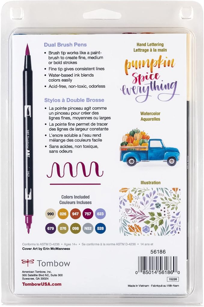 Tombow 56186 Dual Brush Pen Art Markers, Muted, 10-Pack. Blendable, Brush and Fine Tip Markers