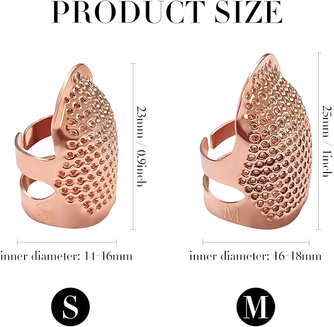 FR 4 Pack (2 Sizes, S/M) Sewing Thimble Finger Protector, Adjustable Finger Metal Shield Protector Pin Needles Sewing Quilting Craft Accessories DIY Sewing Tools Needlework Rose Gold