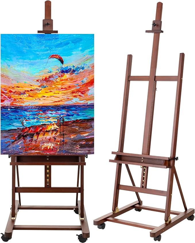 H-Frame Studio Easel, Beechwood Artist Easel with Wheels and Storage Tray, Adjustable Floor Easel Stand Holding Canvas up to 51Inches for Painting, Brown