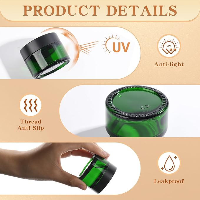 Glass Jars with Lids,Eco-Friendly Cosmetic Containers with Airtight Black Lids & Liners, Multi-Color Options for Cream, Lotion, Body Butter, DIY Skincare Travel Jars (Green, 1oz)