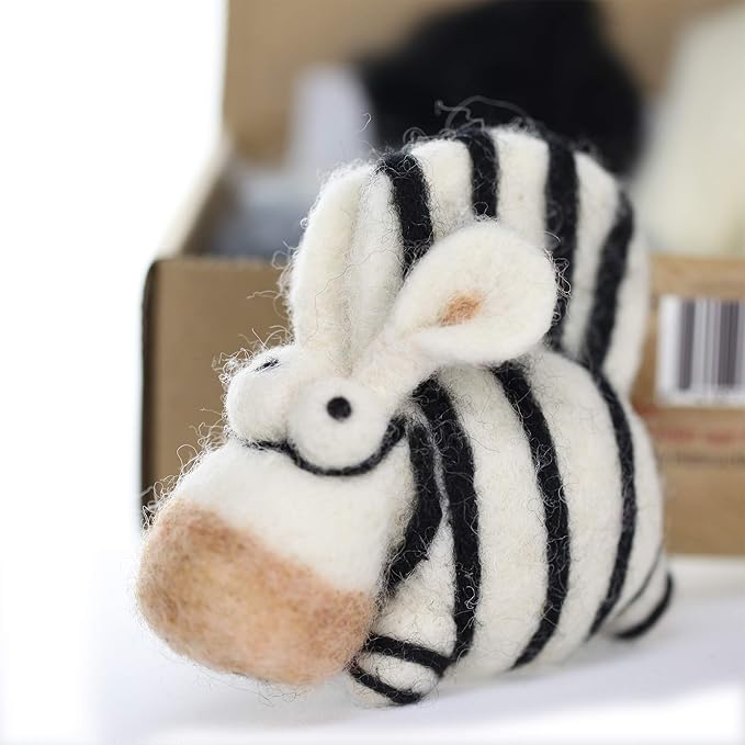 Woolbuddy Needle Felting Kit for Beginners & Adults – Zebra DIY Felt Animal Starter Kit with Natural Wool Roving, Felting Needles & Step-by-Step Instructions