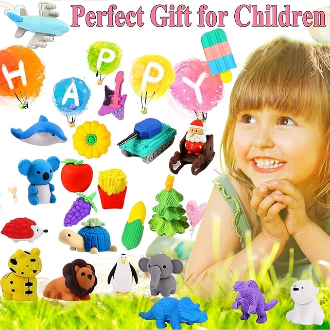 110Pcs Animal Erasers Kids Desk Pets Pencil Erasers 3D Puzzle Eraser Bulk Mini Animal Food Toys Fun Cute Eraser for Classroom Rewards, Game Prizes, Treasure Box, Easter Egg Fillers