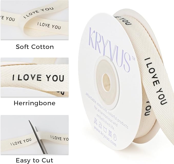I Love You Ribbon - 5/8 Inch x 12 Yards Natural Twill Tape Ribbon, Cotton Herringbone Ribbons for Gift Wrapping, Birthdays, Weddings, Christmas, Anniversaries, Valentine's Day, Mother's Day