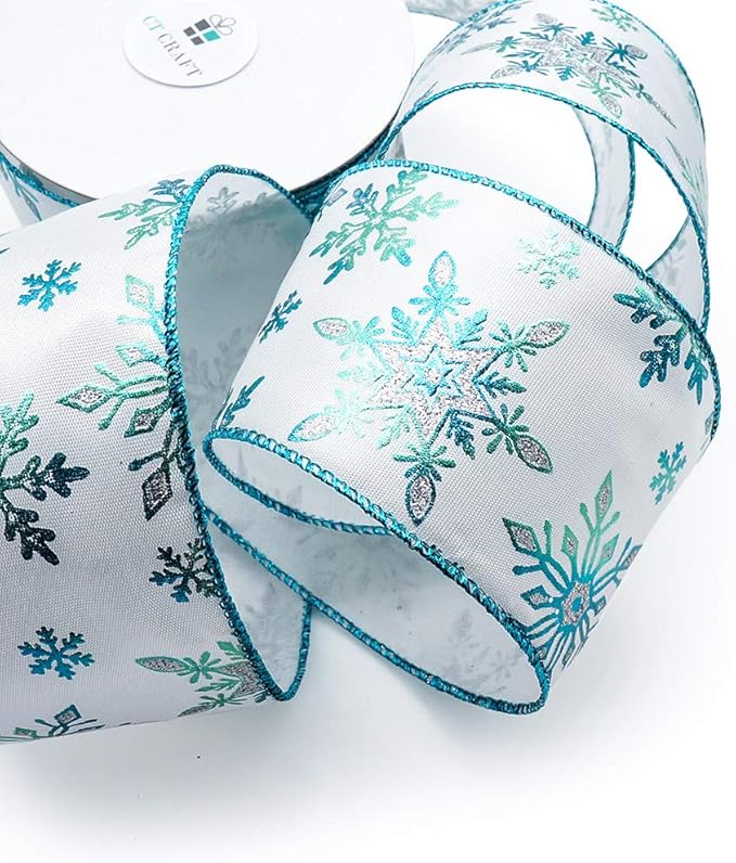 CT CRAFT LLC Satin with Blue Snowflake Wired Ribbon 2.5 Inch x 10 Yards for Christmas Home Decor Tree Topper Bow Gift Wrapping DIY Crafts Wreath Garland