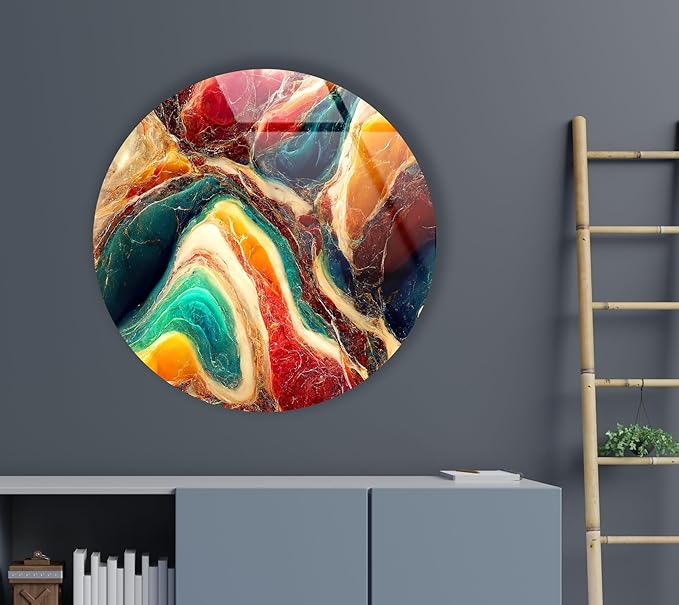 My Photostation.com 10''(25cm) Diameter Colorful Marble Swirl Round Wall Art Abstract Glass Decor with Earthy Tones & Gemstone Texture