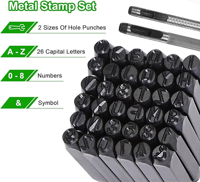 HARFINGTON 36pcs Metal Stamping Kit 3/16" (5mm) (A-Z, 0-8, "&" Symbol) Steel Letter Punch Press Tool with Hole Punch to Stamp on Metal, Plastic, Wood, Leather, Black