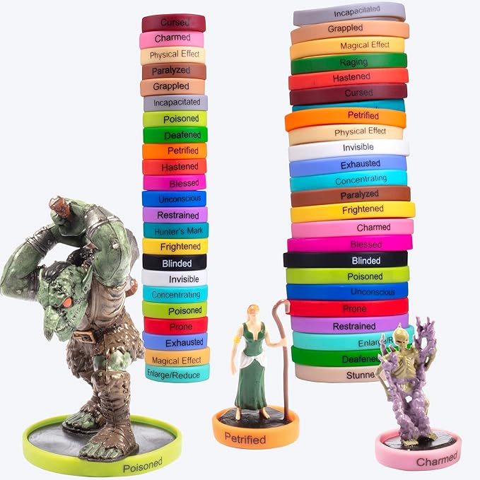 Flexible Condition Rings Status Effect Markers (120 Rings for Standard & Large)- 24 Different Conditions DND Flexible Design- Easy Affix Base Slides Under Figure- Compatible w Pathfinder & RPG Games