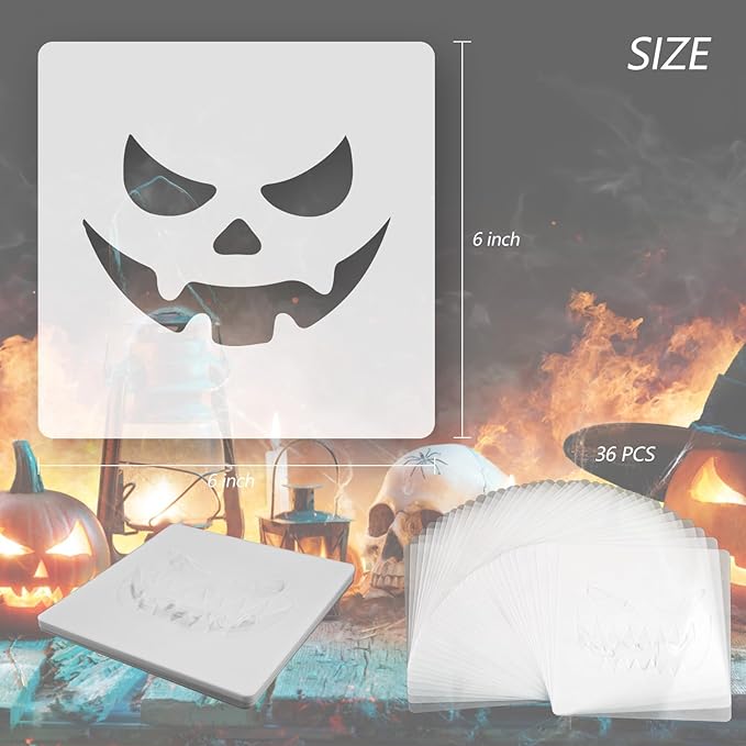 36 Pieces Halloween Drawing Stencils, 6 Inch Plastic Reusable Pumpkin Faces Painting Stencil for DIY Pumpkin Carving, Wood, Walls Art and Halloween Decoration