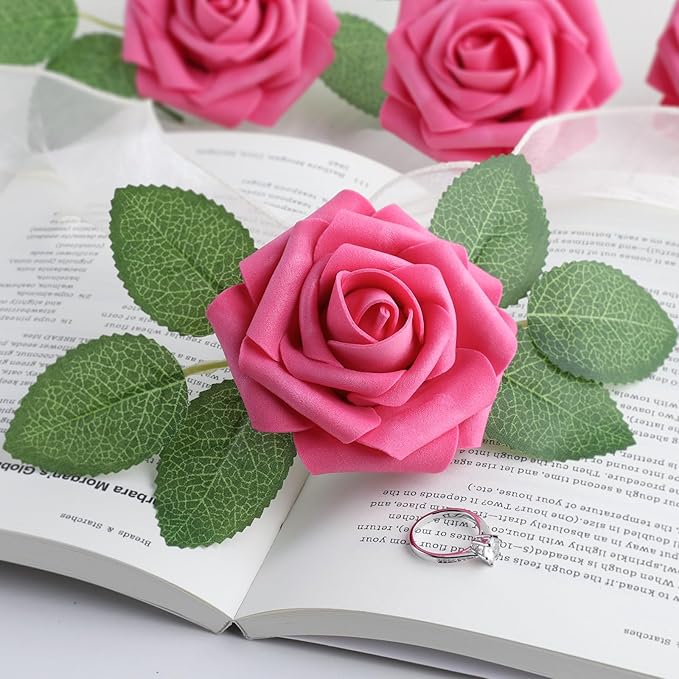 AmyHomie 25pcs Real Looking Artificial Hot Pink Roses w/Stem for DIY Wedding Bouquets Centerpieces Arrangements Party Baby Shower Home Decorations
