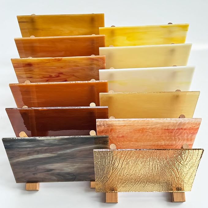 ILLUCKAI 12 Sheets Mixed Amber Stained Glass Sheets, 4 x 6 inch Stained Glass Supplies Mosaic Glass Tiles for Crafts, Cathedral Glass Art Glass for Stained Glass Beginners and Hobbyists