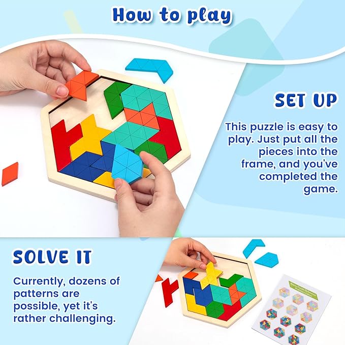 3 otters Wooden Puzzles for Kids, Educational Brain Teaser Game, Shape Sorting Board with Guide Book, Montessori Learning Toys