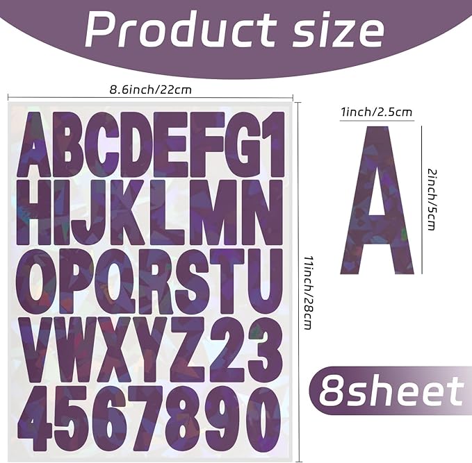 Starboling Letter Stickers,2 inch 8 Sheets Purple Alphabet Sticker,Self Adhesive Vinyl Letter Stickers Mailbox Numbers,for Arts Crafts Outdoor Sign Poster Mailbox Sign Doors Mailboxes Car Truck