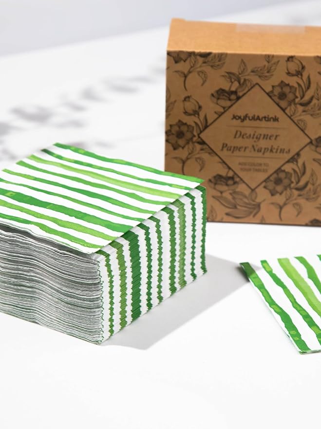 80 Pack Designer Cocktail Beverage Napkins, 3-Ply 5x5-inches Disposable Decorative Fall Winter Green and White Stripe Watercolor Napkin for Wedding Birthday Anniversary Party Baby Shower