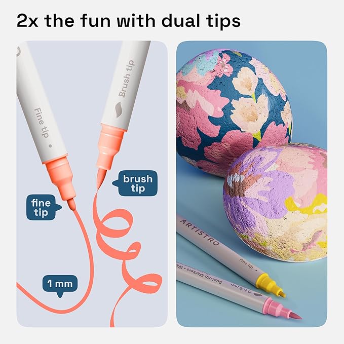 ARTISTRO 24 Pastel Dual Tip Brush + Fine Acrylic Paint Markers - Easy for All Ages & Levels Paint Pens for Fabric, Rock, Glass, DIY - Halloween Pumpkin Painting Kit, Art Supplies, Christmas Gift