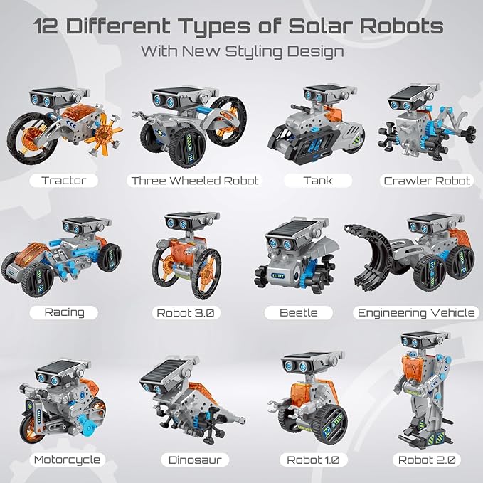 12-in-1 Solar Robot Kit for Kids 8-12, STEM Educational Building Toys with Solar Panel & Battery Power, DIY Science Experiment, Easter Birthday Gifts for Boys Girls 8 9 10 11 12 Years Old-Grey
