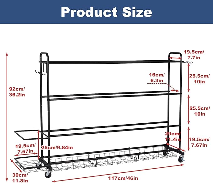 Basketball Rack, Shooting Training Rolling Ball Stand, Garage Organizer with Wheels, 4-Layer Sports Equipment Storage Holder with Baskets and Hooks for Soccer Baseball Footballs Volleyball