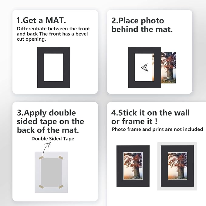 10 Pack Pre-Cut 11 x 14 Black Picture Mats for 8.5x11 Photos - White Core Bevel Cut Frame Matte, Acid Free, Ideal for Frames/Artwork/Prints