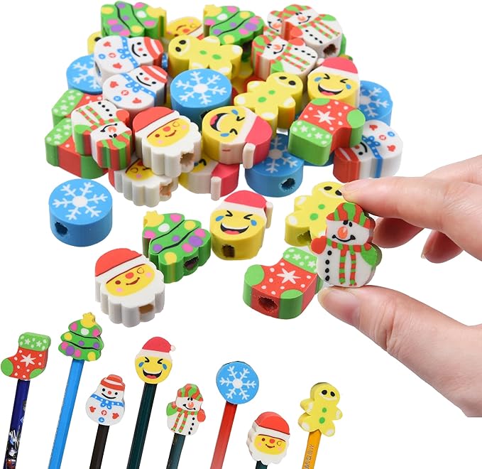 HILAZA 42Pcs Christmas Pencil Top Erasers for Kids Bulk, Cute Eraser Toppers Pencil Cap Erasers for Stocking Stuffers Goodie Bags Stuffers Holiday Party Favors