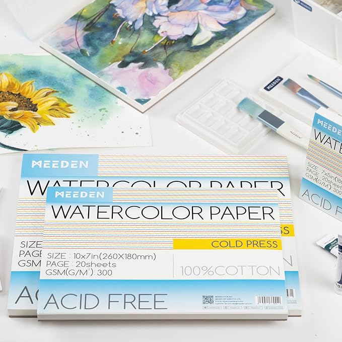 MEEDEN Watercolor Paper Block, 100% Cotton Watercolor Paper Pad of 20 Sheets, 140lb/300gsm, Acid-Free Art Paper for Watercolor, Gouache, Ink and More, 10" x 7" Cold Press