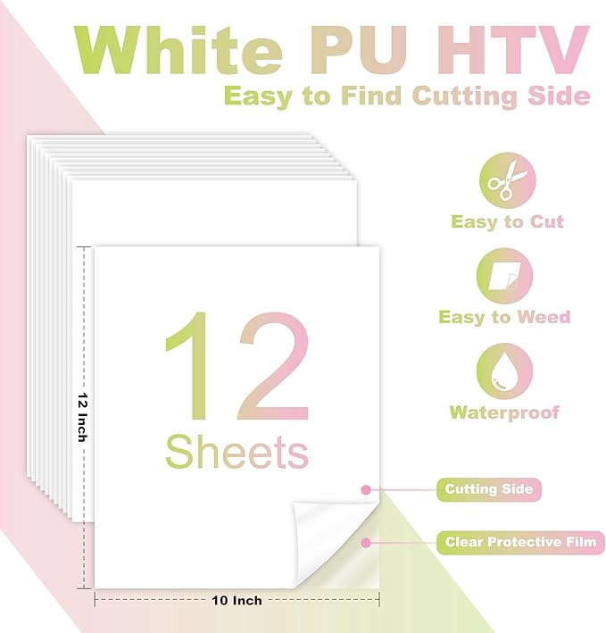 White PU Heat Transfer Vinyl, 12 Pcs 12"x10" HTV Sheets – Soft & Stretchable Iron-On Vinyl, Easy to Cut & Weed, Compatible with Cricut & Silhouette – Perfect for 4th of July Shirts & Patriotic Crafts