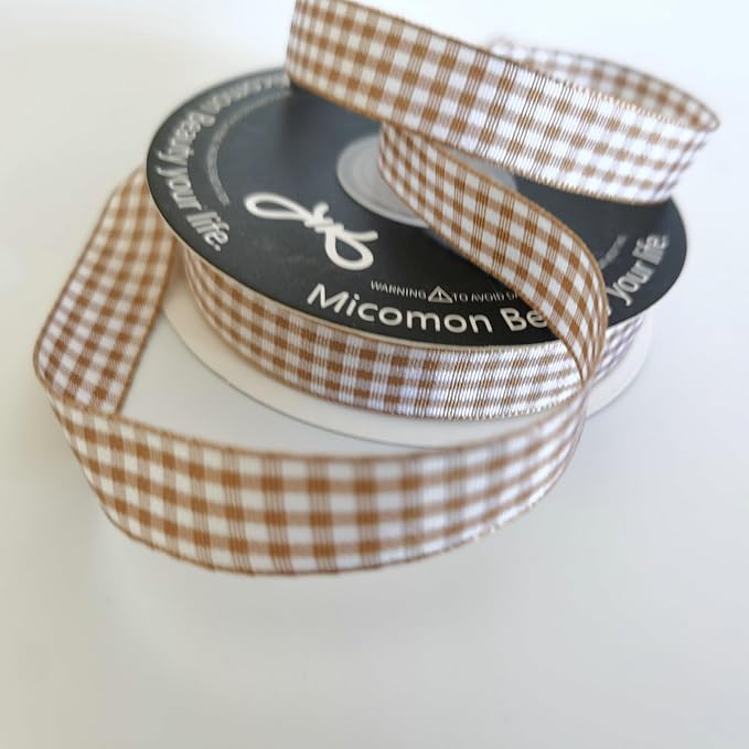 Micomon Khaki and White Woven Edge Plaid Ribbon 100% Polyester Gingham Ribbon 25 Yards Each Roll (5/8"Khaki)