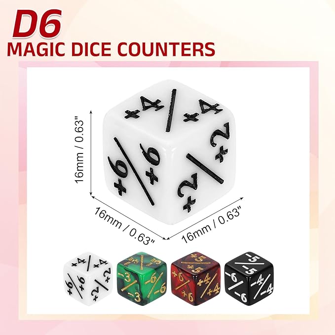 uxcell 24Pcs Magic Dice Counters, Acrylic D6 Life Token Dice Set with Pouch for Standard Cards Gaming Accessories, White, Black, Red & Black, Green & Black