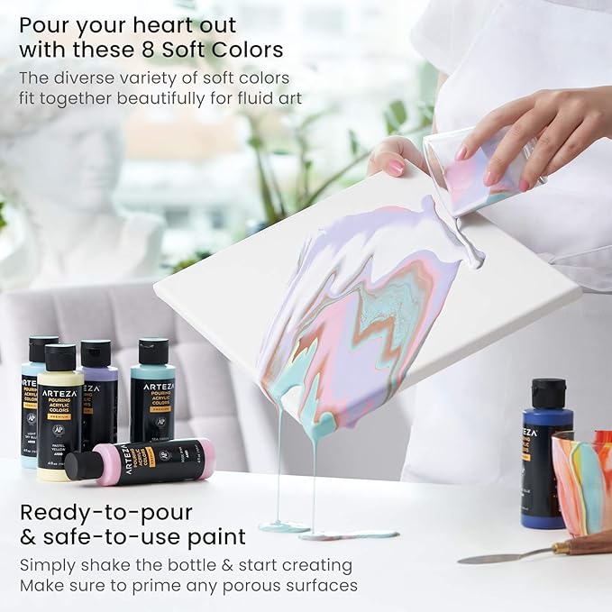 ARTEZA Acrylic Pouring Paint Set, 8 Pastel Colors, 4 oz Bottles, High-Flow Paint, No Mixing Needed, Art Supplies for Canvas, Glass, Paper, Wood, Tile, and Stones