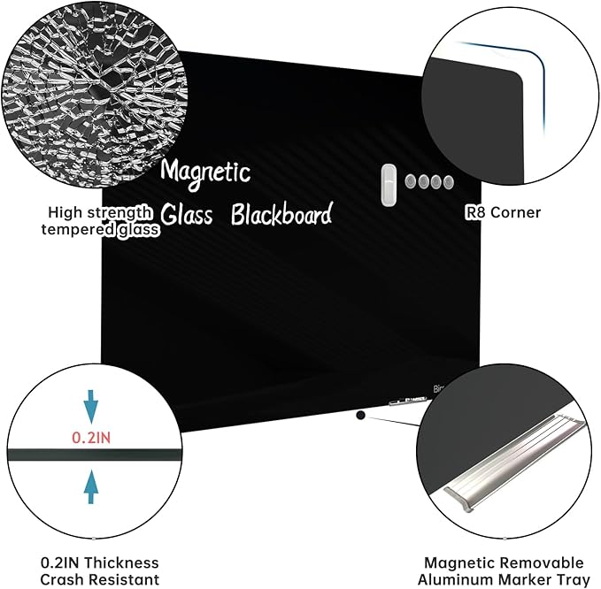 Magnetic Glass Blackboard - Glass Dry Erase Board 48"x96" Large Frameless Board for Walls Office School and Home,Black