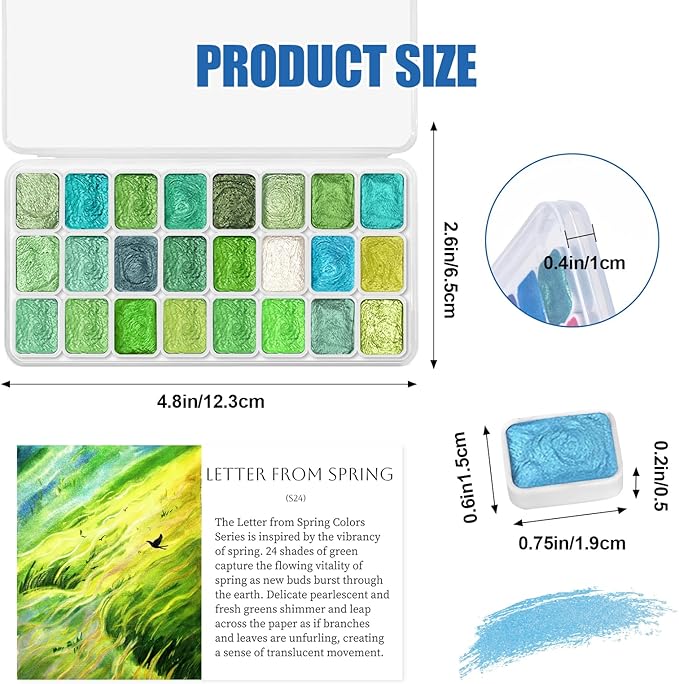 Mini Glitter Watercolor Paint Set with Paper, 24 Colors Shimmer Metallic Watercolour Painting Sets, Solid Pearl Water Color Paints for Adult, Kids, Green 1ml Trial Pack(Letter from Spring)