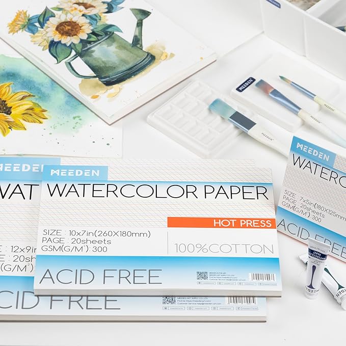 MEEDEN Watercolor Paper Block, 100% Cotton Watercolor Paper Pad of 20 Sheets, 140lb/300gsm, Acid-Free Art Paper for Watercolor, Gouache, Ink and More, 10" x 7" Hot Press