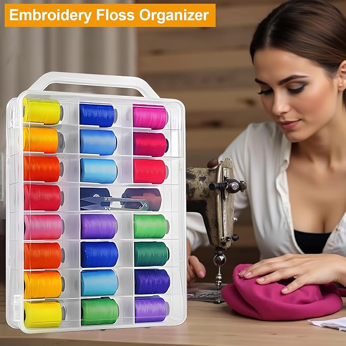 DUOFIRE 46 Grids Sewing Box, Double Sided Thread Organizer, Portable Clear Embroidery Floss Organizer, Plastic Organizer Box for Embroidery and Sewing Threads, Embroidery Floss, Crafts, Small Toys