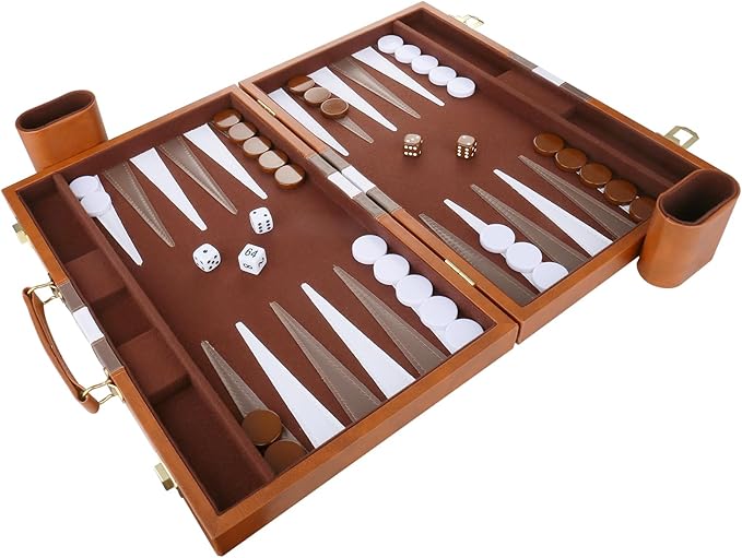 Backgammon Set - Classic Board Game with Premium Leather Case - Portable Travel Strategy Backgammon Game Set for Adults, Kids - Suitable as (15inch, Brown)