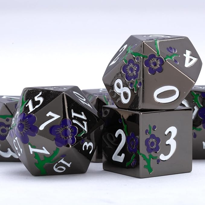 Black Metal Dice Set D&D,7pcs RPG Metal Flower Dice Set with Gift Box,RPG Polyhedral Metal Dice for Table Game(Black Nickel - Purple Green)