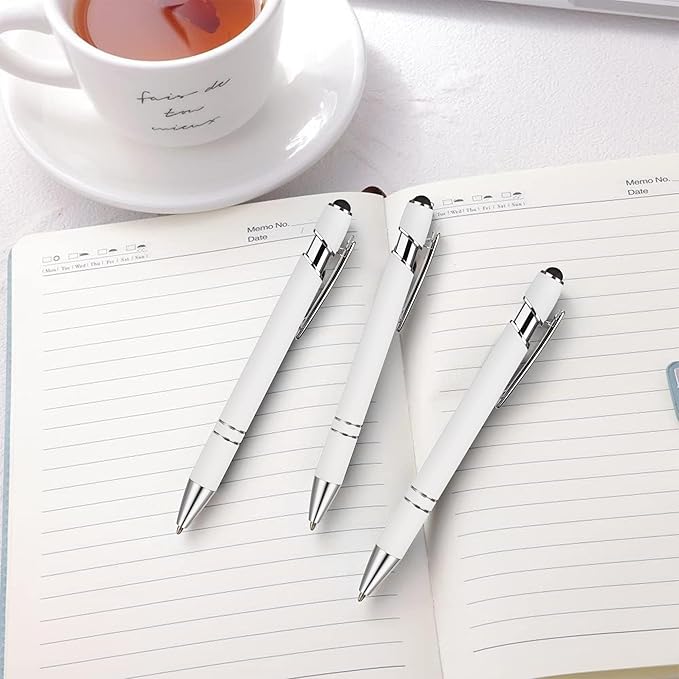 12 PCS 2 in 1 Stylus Ballpoint Pen with Stylus Tip, 1.0 mm Black Ink Metal Pen Stylus Pen for Touch Screens (Silver & White)