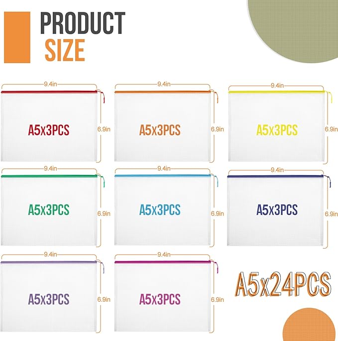 24pcs Mesh Zipper Pouch File Bags Puzzle Storage Bags, A5 Size 9.4 x 6.9 Inches Large Reusable Zipper Pouches for Organizing Classroom Board Game Organization