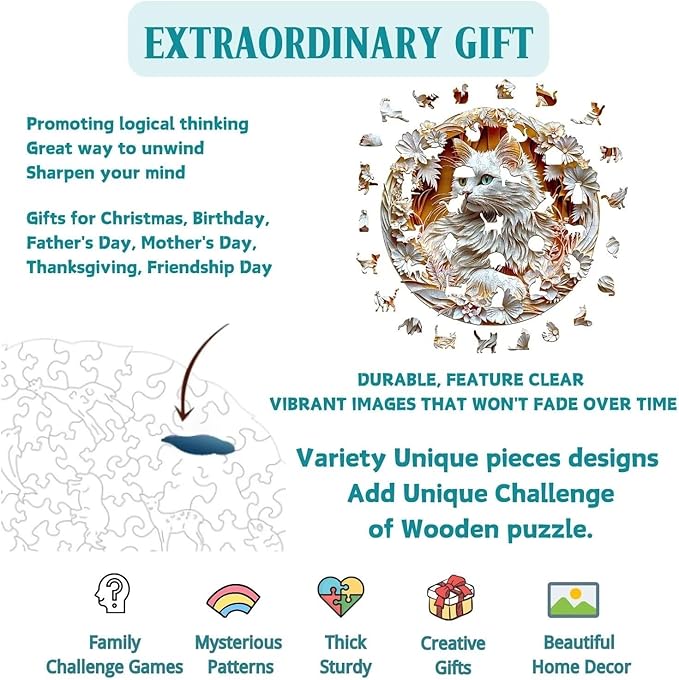 Wooden Puzzles Adults, 3D Cute Cat Wooden Puzzles 200 Pieces, Unique Animal Shaped Wood Challenging Jigsaw Puzzles Gifts for Adults, 11.4x11.4in