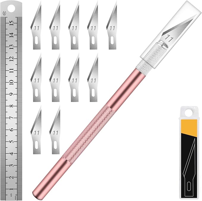 DIYSELF 1 Pcs Craft Hobby Knife Exacto Knife with 11 Pcs Stainless Steel Blade Kit, 1pcs Steel 15CM Ruler for Art, Scrapbooking, Stencil (Pink)