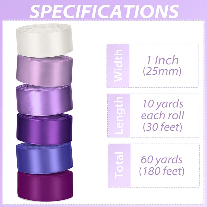 1 Inch Purple Satin Ribbons for Crafts, 6 Rolls Single-Faced Purple Assorted Ribbons for Gift Wrapping Flower Bouquet Wedding Invitations Bridal Shower Hair Bows Garland Party Decor