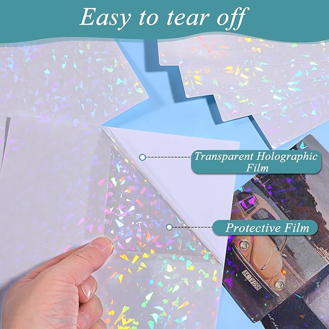 SHENLIU 60 Sheets Holographic Laminate Sheets Clear Glitter Vinyl Sticker Paper Holographic Overlay Self Adhesive Waterproof Transparent Film for Sticker Paper, 11.7 x 8.3 Inch (Gem Patterns)