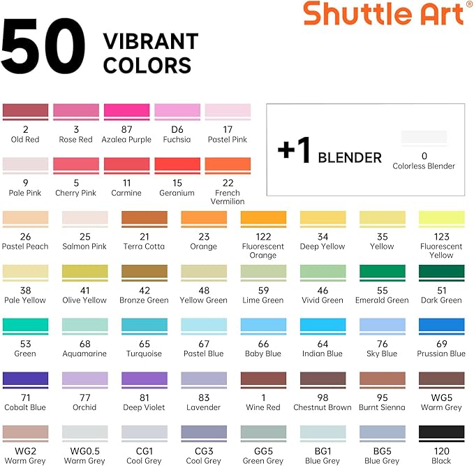 Shuttle Art 51 Colors Alcohol Markers, 50 Colors Dual Tip Art Marker Set Plus 1 Colorless Blender with Marker Case Perfect for Illustration Students Adult Coloring Sketching