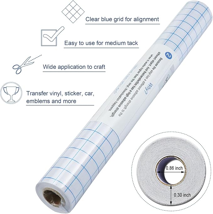 Vinyl Transfer Paper Tape Roll -12" x 50 FT w/Alignment Grid Clear Transfer Tape for Silhouette Cameo, Adhesive Vinyl Contact Paper Roll for Crafts Decals Stickers Windows Signs