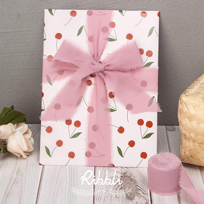 Ribbli Dusty Rose Chiffon Ribbon 1-1/2 inch x 20 Yard Handmade Fringe Chiffon Silk Ribbon,Mauve Ribbon for Wedding Invitations, Bridal Bouquets Wrapping, Flower Arrangement Decoration