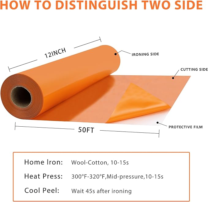 RENLITONG Orange Iron on Vinyl 12Inch by 50ft Roll HTV Heat Transfer Vinyl for T-Shirt HTV Rolls for All Cutter Machine - Easy to Cut & Weed for Heat Transfer Design