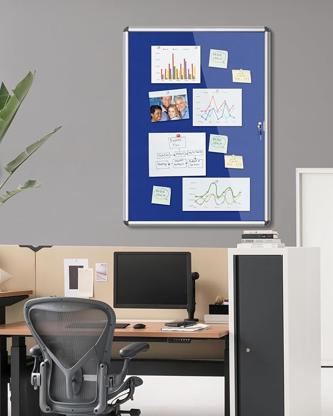 38"x28" Enclosed Bulletin Board, Lockable Weather-Resistant Aluminum Cork Noticeboard for School & Office, Silver Frame w/Blue Flet